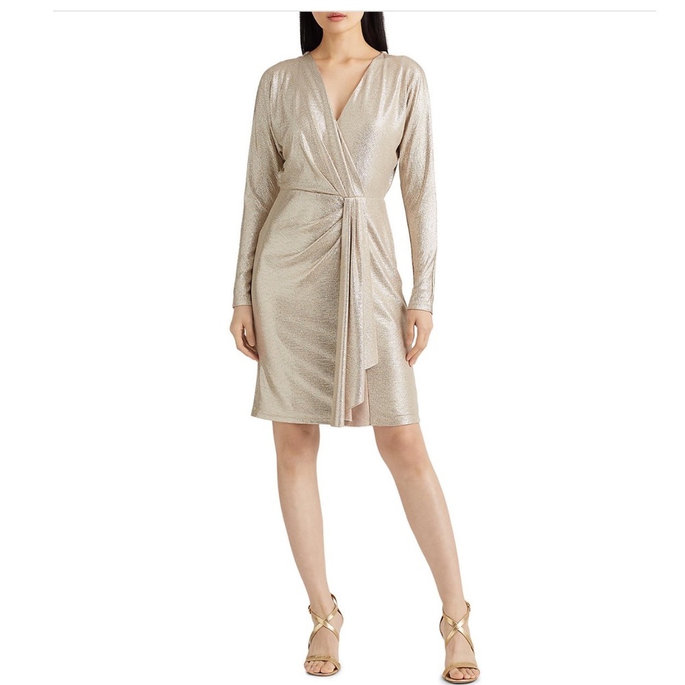 Lauren Ralph Lauren Faux Wrap‎ Cocktail Dress Tan Gold Sparkle Metallic Size 8